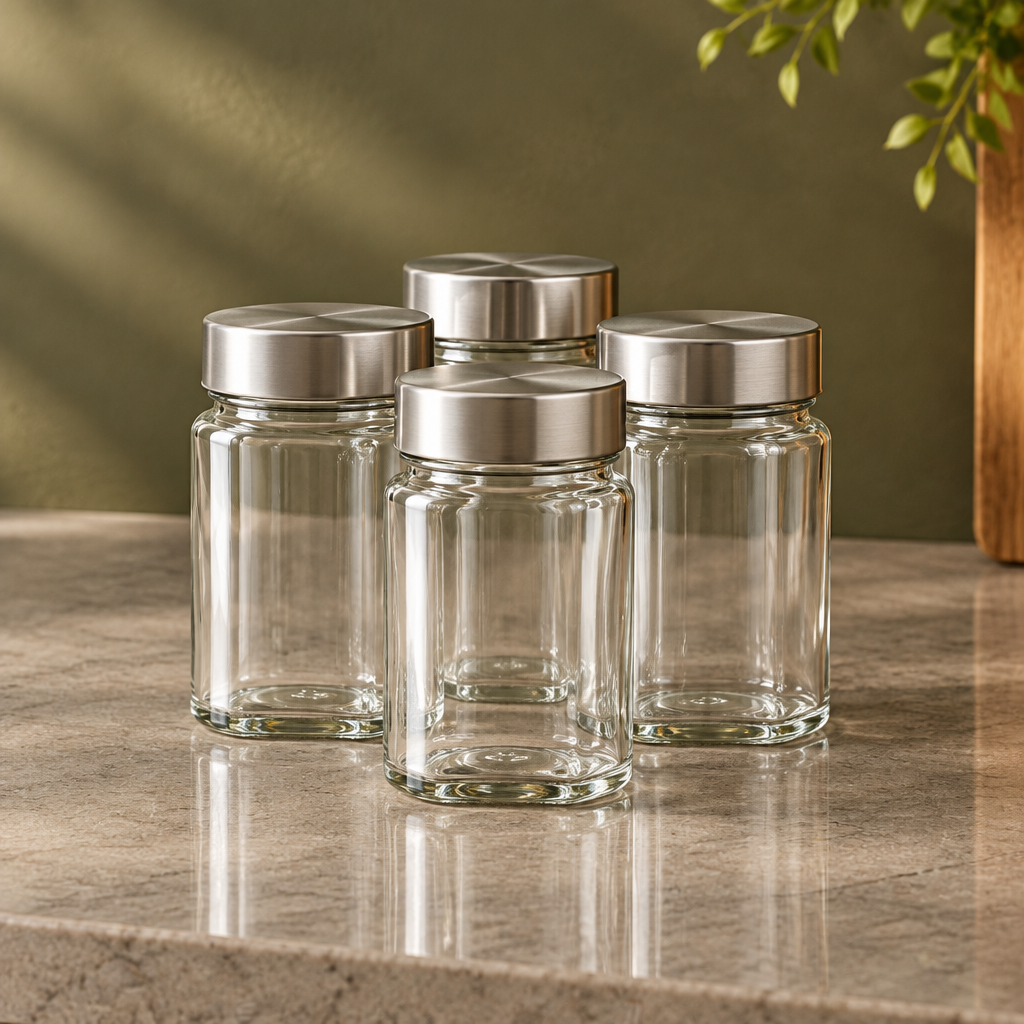 Four clear spice jars with silver-colored lids