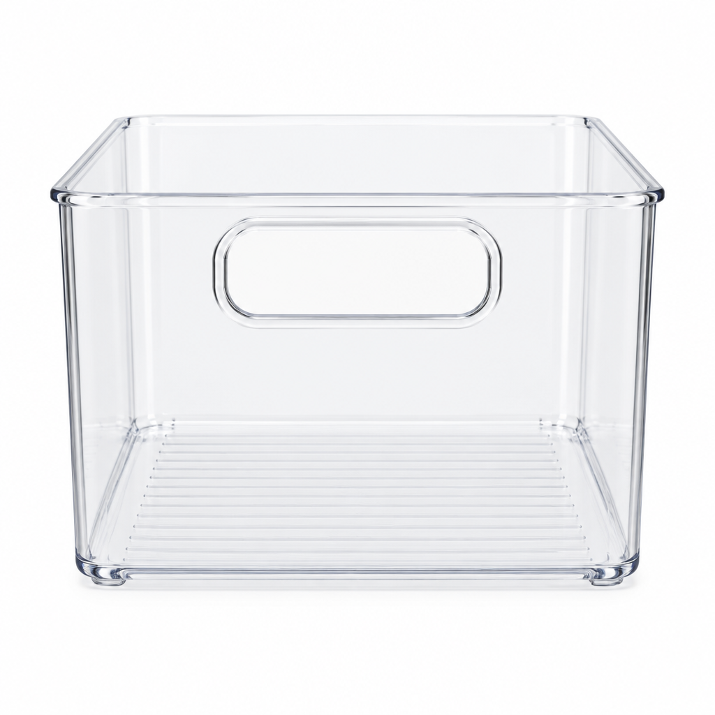 Clear fridge storage bin front view