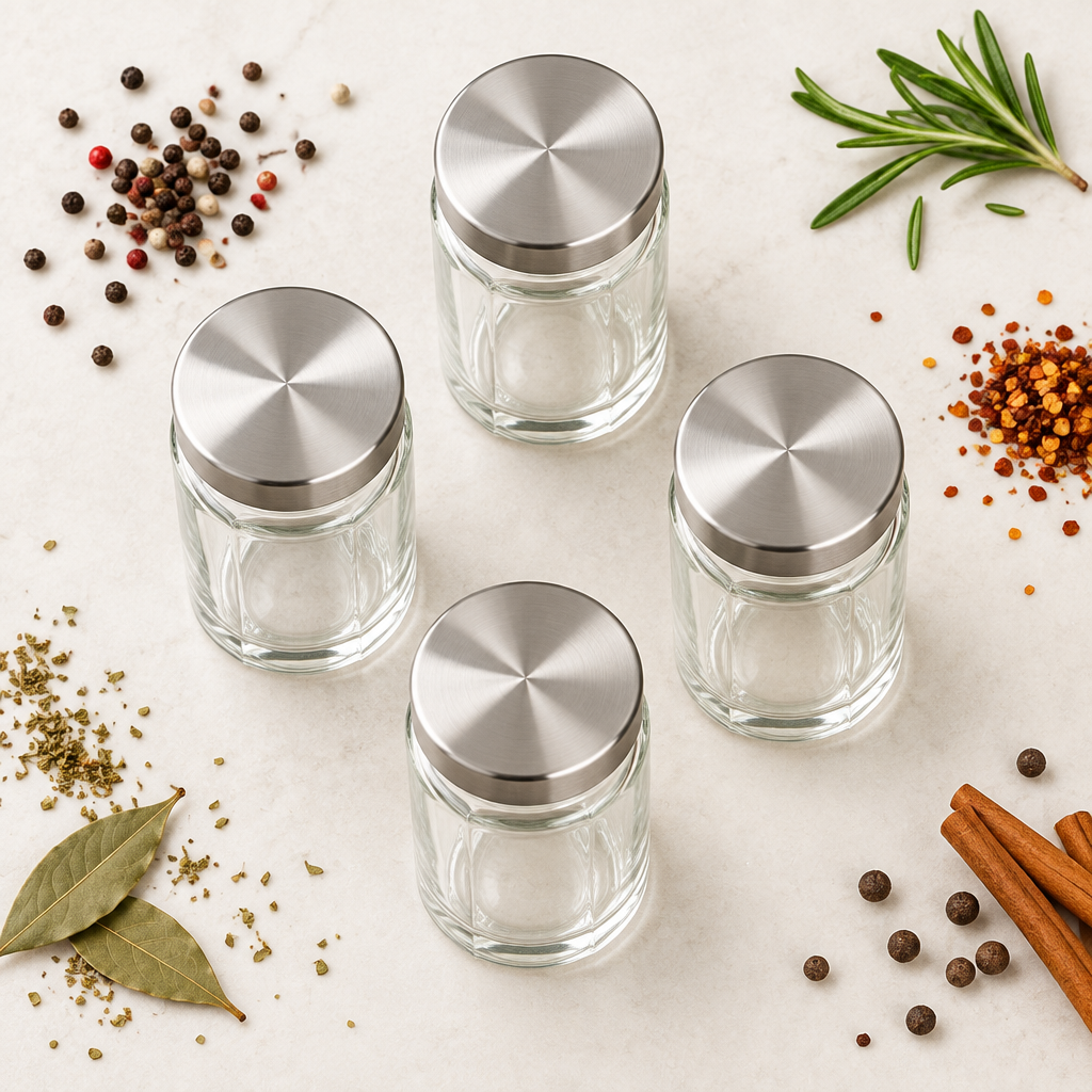 Glass Spice Jar Set top view flat lay