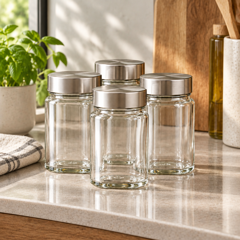 Glass Spice Jar Set on kitchen counter