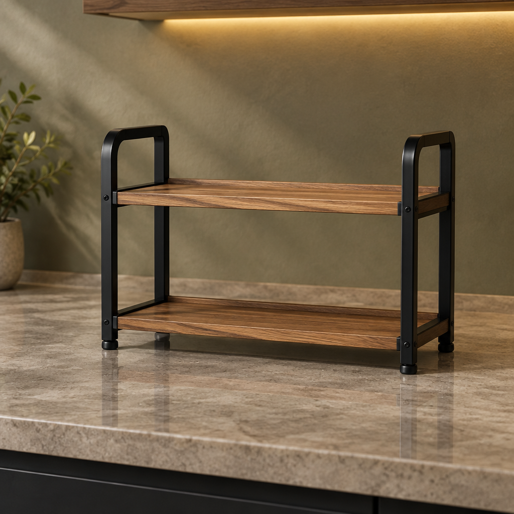 Black two-tier spice rack angled view