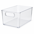 Clear fridge storage bin three-quarter view