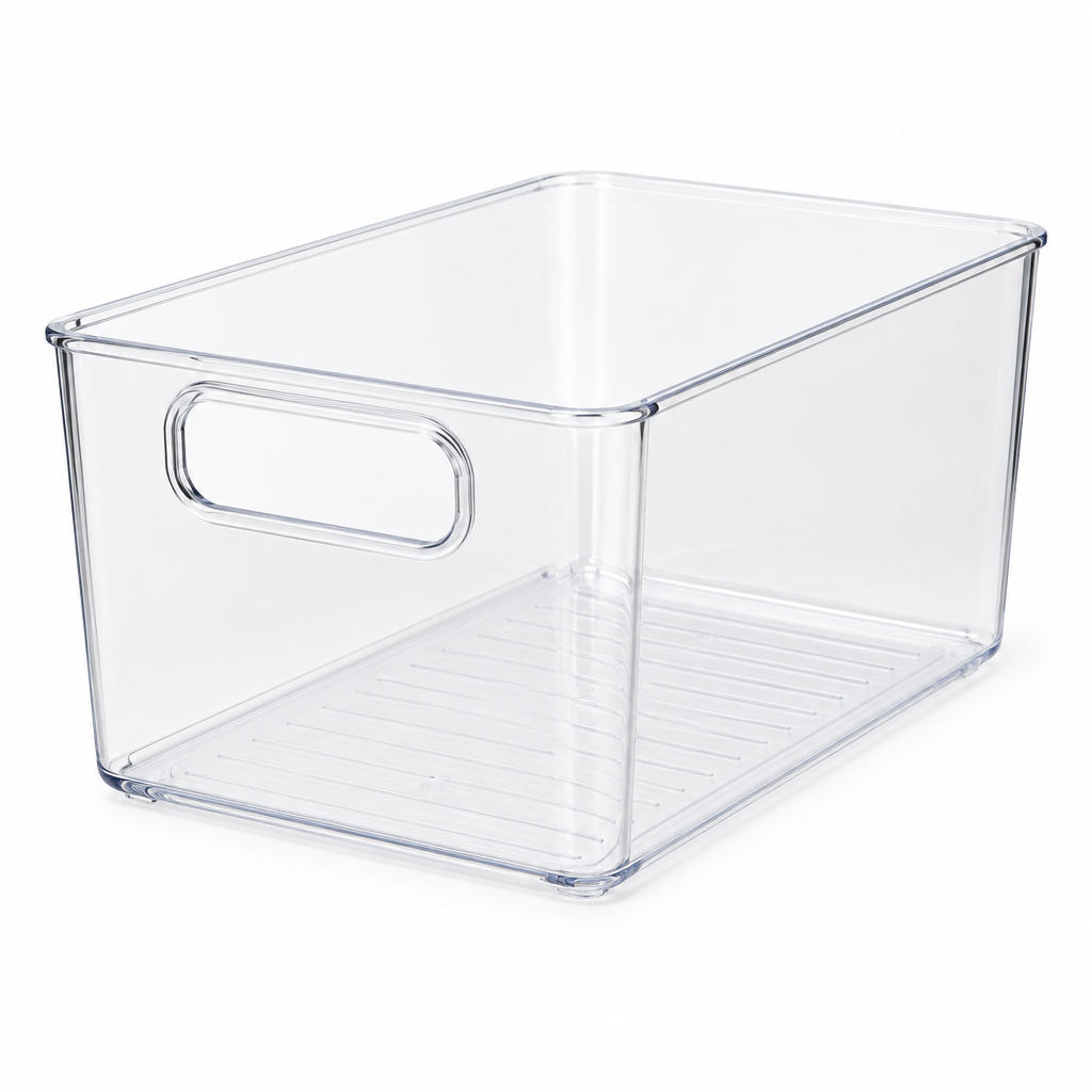 Clear fridge storage bin three-quarter view