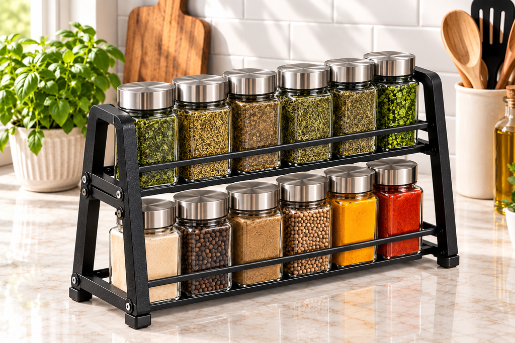 Concept view of twelve-jar spice rack from behind