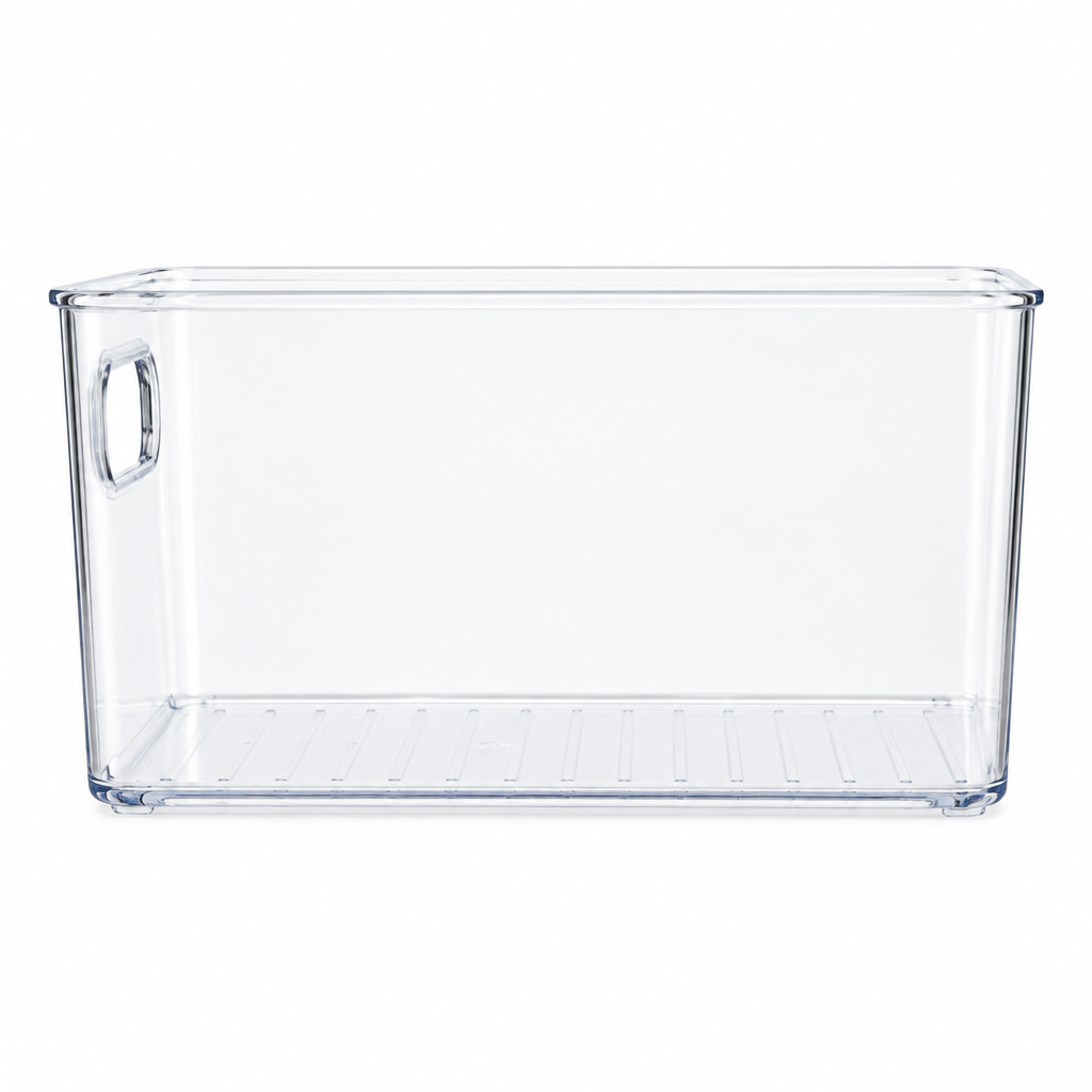 Clear fridge storage bin side view