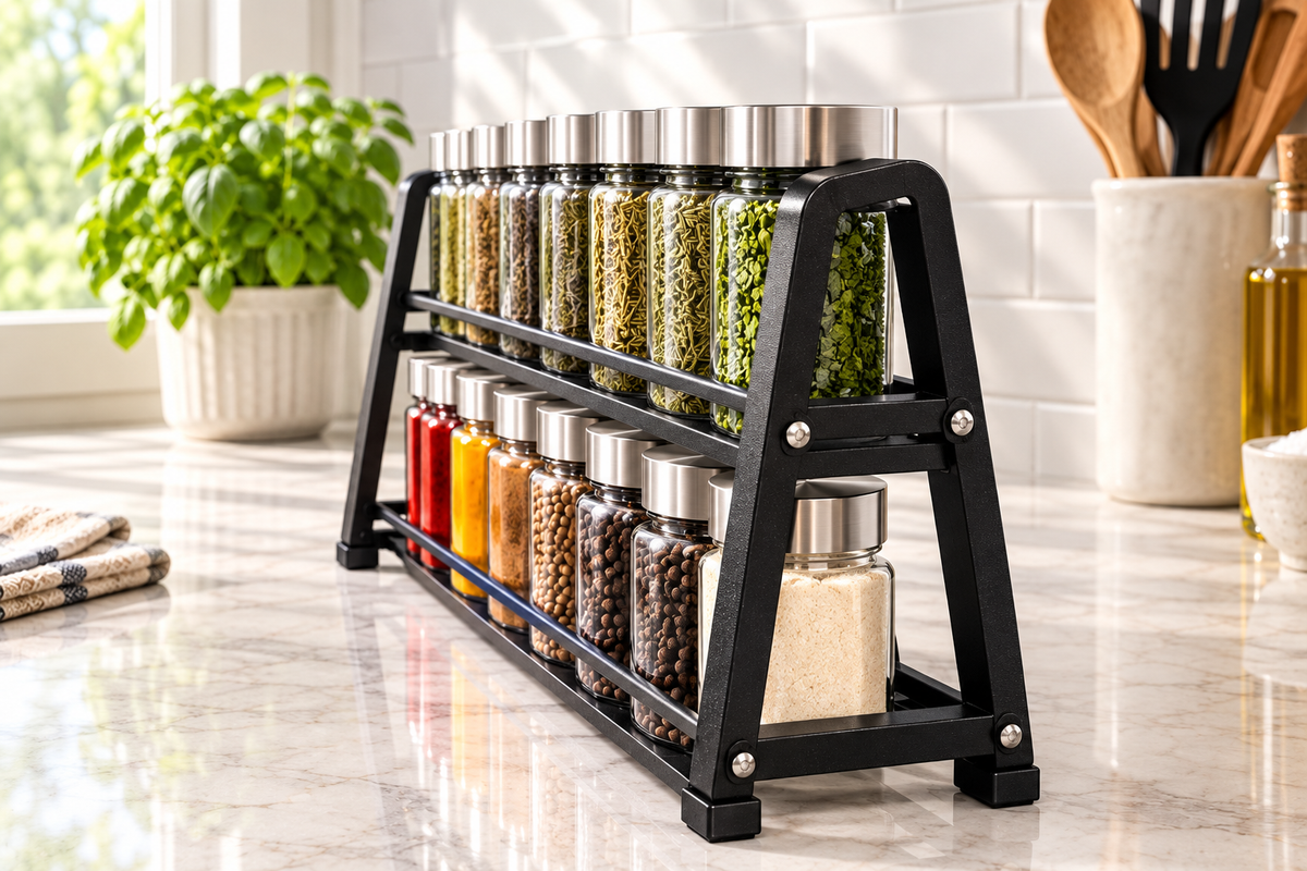 Concept view of twelve-jar spice rack from right side
