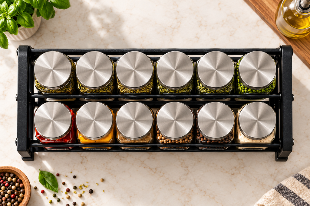 Concept view of twelve-jar spice rack from directly overhead